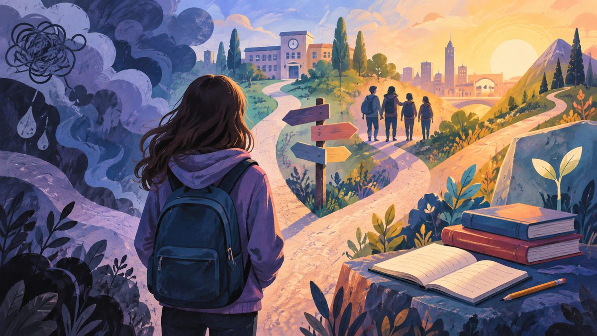 Illustrazione di un’adolescente vista di spalle davanti a sentieri diversi, tra scuola, amicizie e crescita. Immagine generata con intelligenza artificiale a scopo illustrativo.