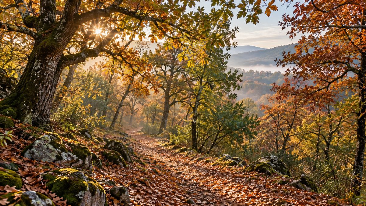 Immagine generata con intelligenza artificiale: sentiero tra querce dai colori autunnali nella Macchia di Gattaceca, con le colline della Sabina sullo sfondo.