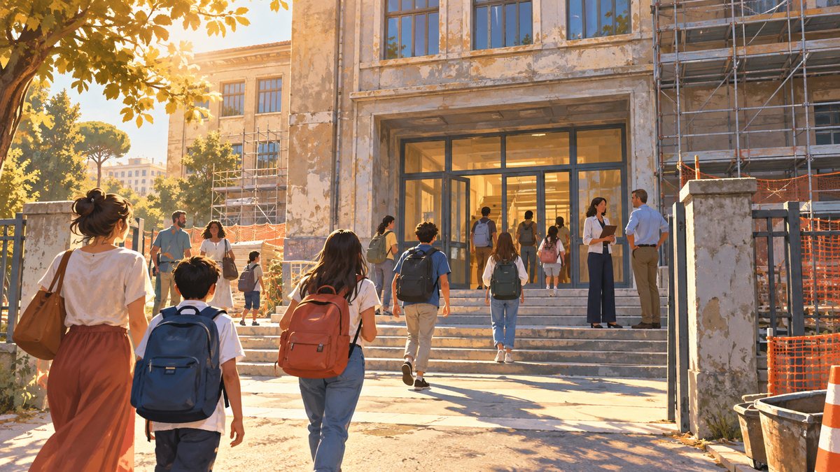 Illustrazione generata con intelligenza artificiale: studenti e famiglie entrano in una scuola interessata da lavori di ristrutturazione, nella calda luce di settembre.