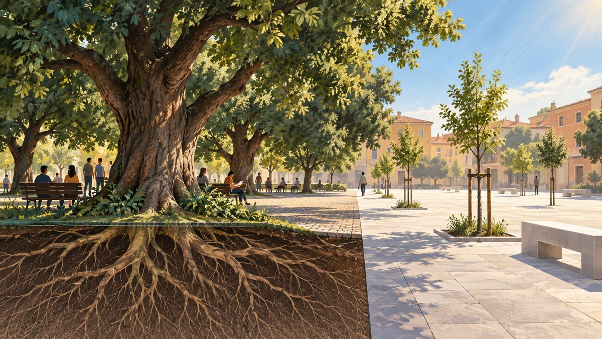 Illustrazione generata con intelligenza artificiale: una piazza ombreggiata da grandi alberi contrasta con uno spazio pavimentato e giovani alberelli.