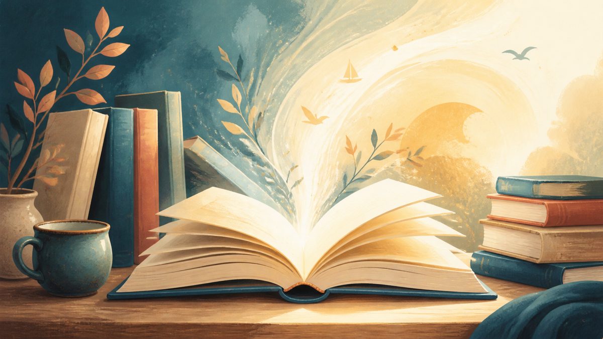 Illustrazione di un libro aperto da cui prende forma un paesaggio immaginario, circondato da altri volumi. Immagine generata con intelligenza artificiale a scopo illustrativo.