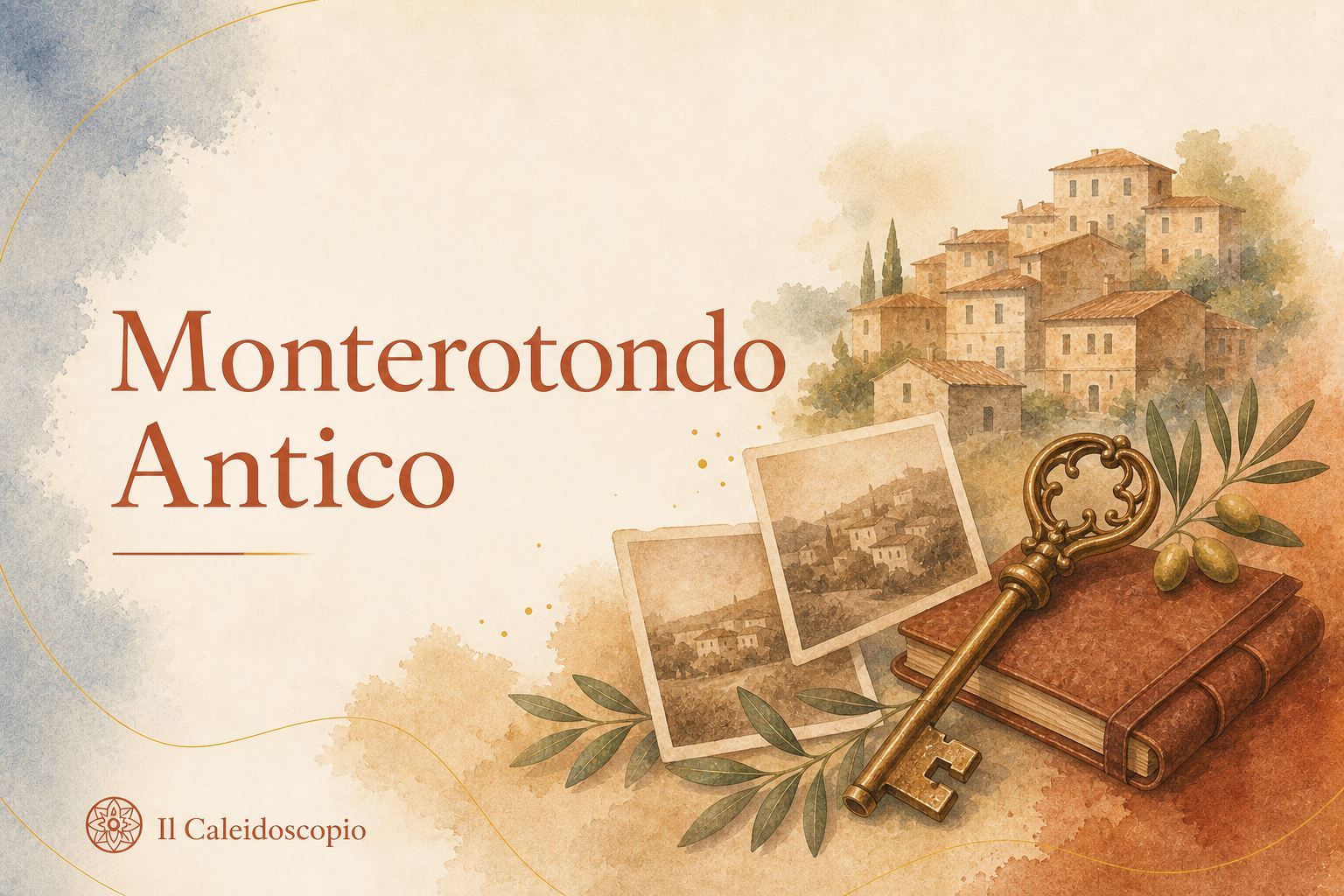 Grafica ad acquerello con chiave antica, fotografie, taccuino e case collinari per la rubrica Monterotondo Antico. Immagine generata con intelligenza artificiale a scopo illustrativo.