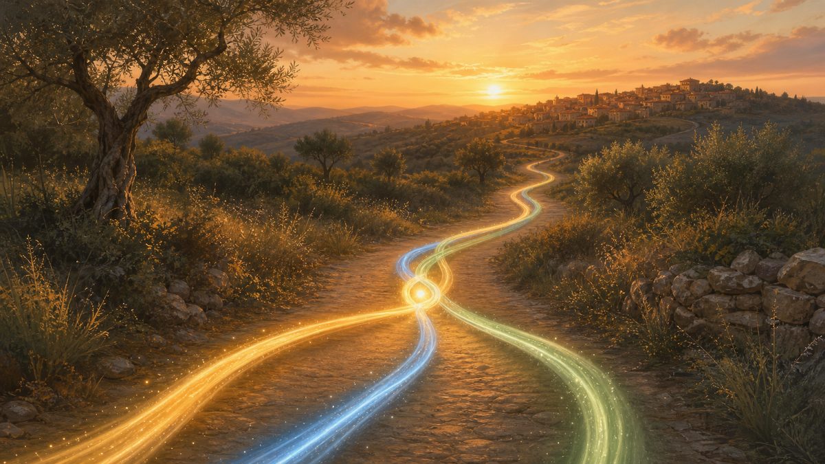 Illustrazione di tre percorsi luminosi che si intrecciano su un sentiero verso una cittadina, simbolo di amicizia e memoria. Immagine generata con intelligenza artificiale a scopo illustrativo.