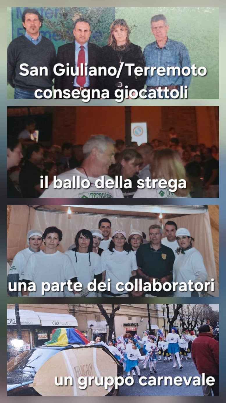 Collage delle attività della Pro Loco di Monterotondo: consegna di giocattoli dopo il terremoto di San Giuliano, ballo della strega, volontari e gruppo di Carnevale.