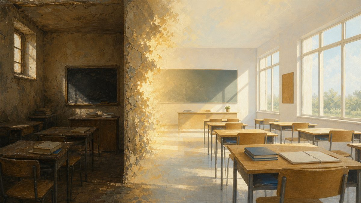 Illustrazione del passaggio da una vecchia aula buia a una scuola moderna e luminosa. Immagine generata con intelligenza artificiale a scopo illustrativo.