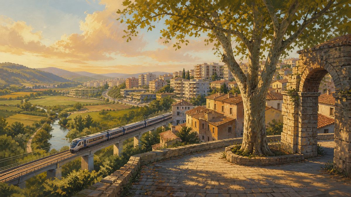 Illustrazione di Monterotondo tra campagna, ferrovia, crescita urbana e memoria storica. Immagine generata con intelligenza artificiale a scopo illustrativo.