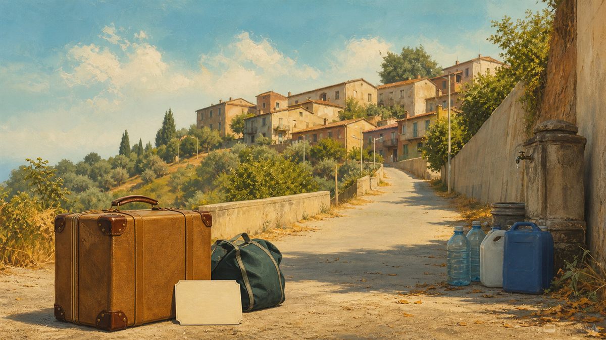 Illustrazione di una valigia lungo una strada che sale verso una cittadina collinare, con taniche d'acqua. Immagine generata con intelligenza artificiale a scopo illustrativo.