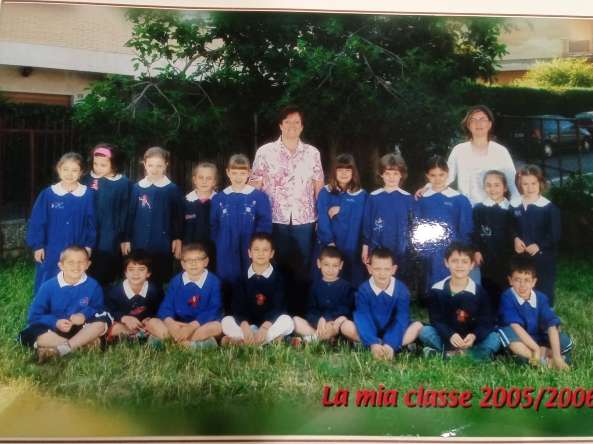 Foto di classe 2005/2006 con alunni e due insegnanti all’aperto.