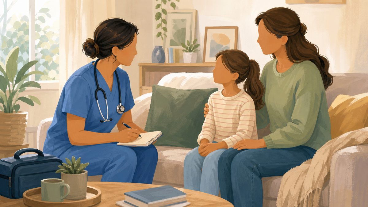 Illustrazione di un'infermiera pediatrica che incontra una bambina e sua madre durante una visita domiciliare. Immagine generata con intelligenza artificiale a scopo illustrativo.